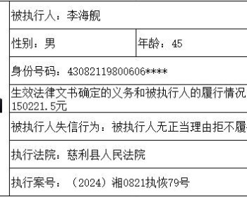 慈利县人民法院失信被执行人名单曝光台（2026年第一期）